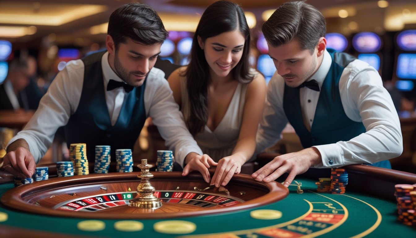 Seorang pria dan wanita berpakaian rapi sedang bermain roulette di kasino dengan dealer yang memutar roda roulette.