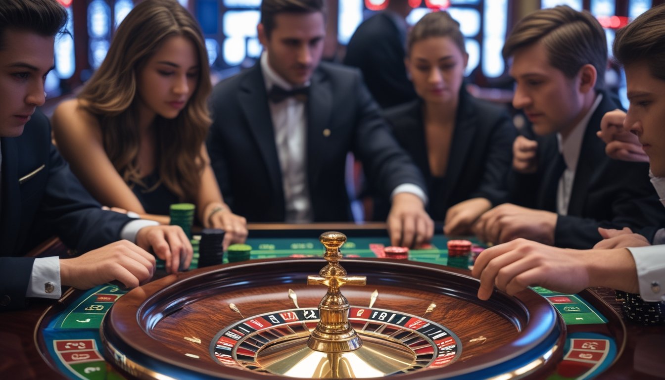 Meja roulette di kasino dengan pemain yang sedang memasang taruhan dan roda roulette berputar.