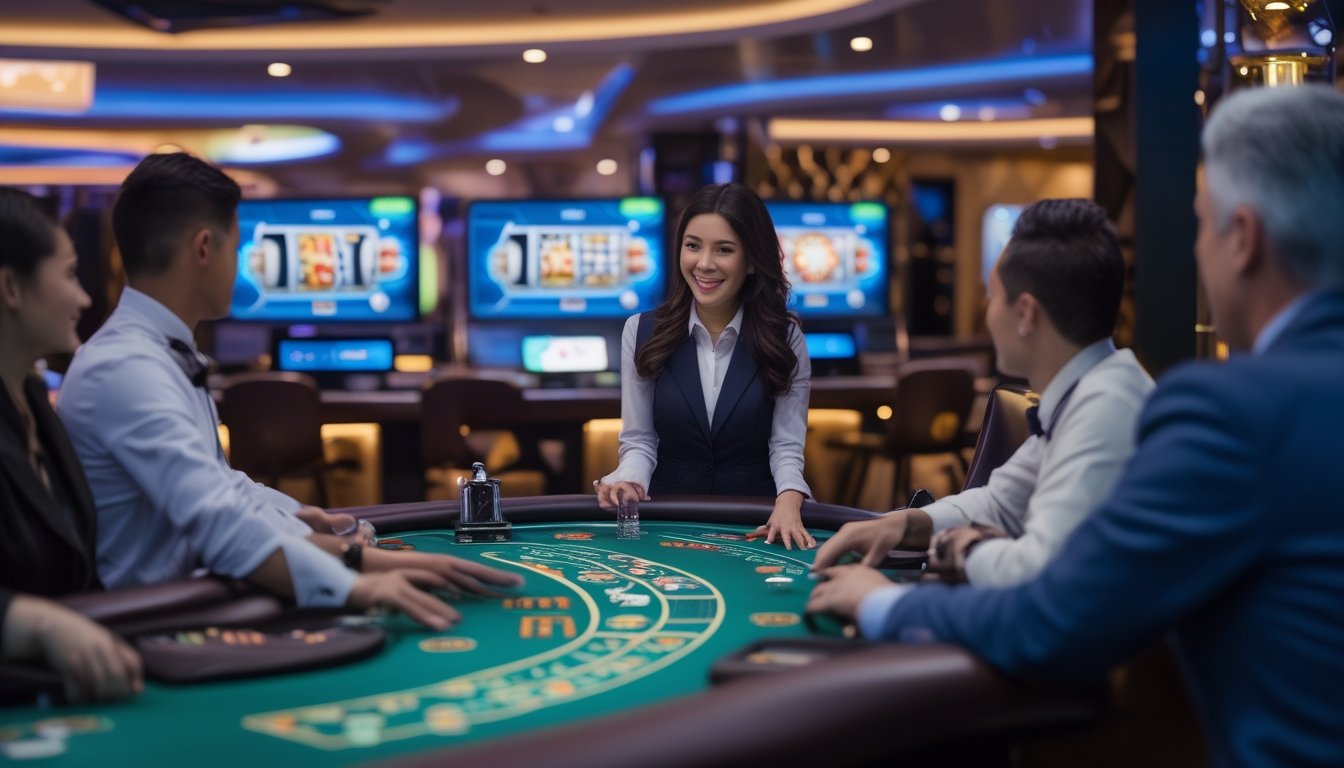 Suasana kasino modern dengan meja permainan langsung dan dealer yang melayani pemain, menampilkan layar digital dan fitur keamanan.