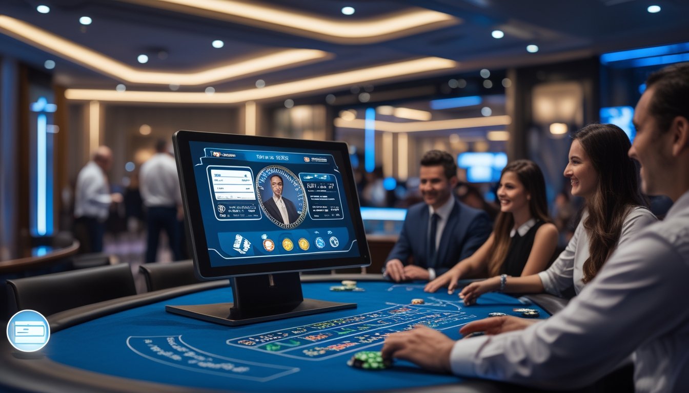 Seorang dealer kasino langsung sedang berinteraksi dengan pemain melalui layar digital di meja kasino modern dengan suasana yang aman dan profesional.