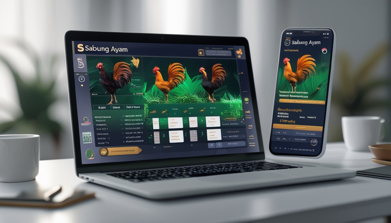 Layar laptop dan ponsel menampilkan jadwal pertandingan Sabung Ayam dengan suasana meja kerja yang rapi.