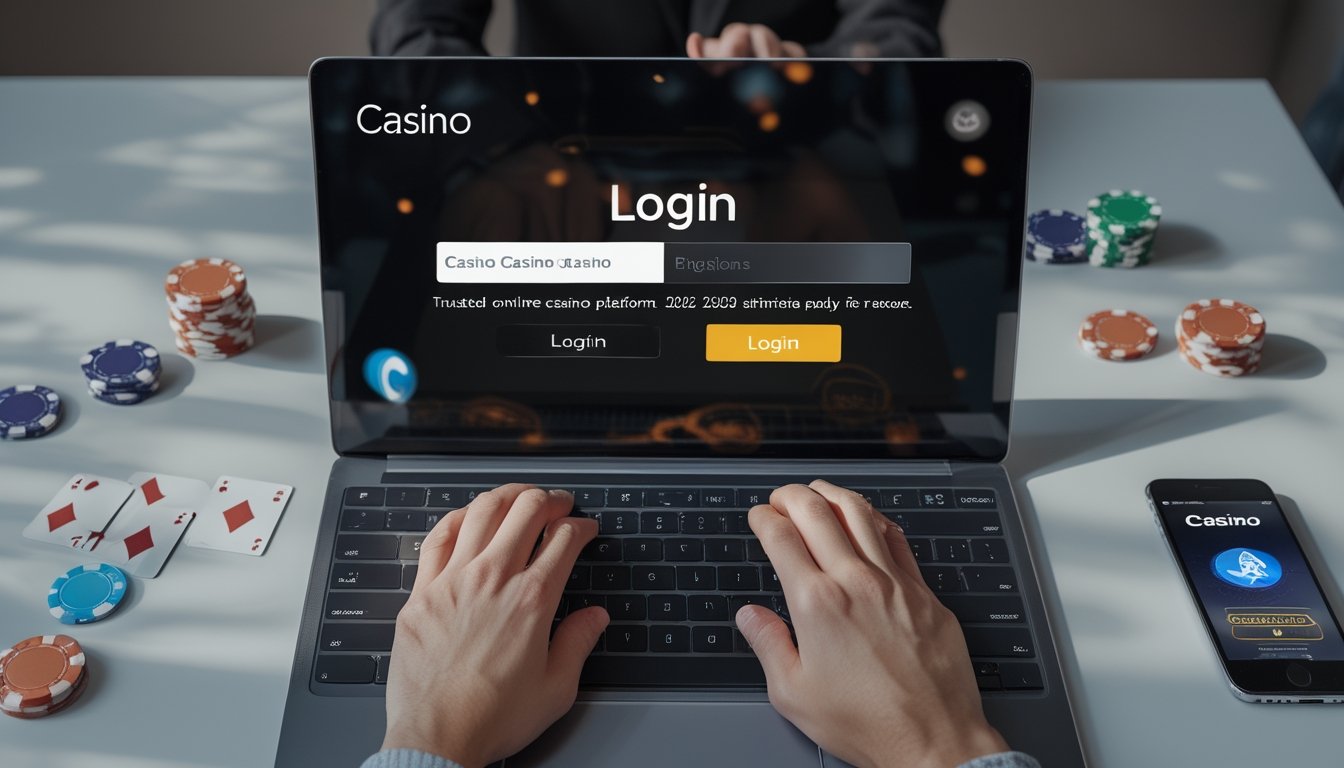 Seseorang sedang mengetik di laptop dengan layar menampilkan halaman login platform kasino online terpercaya.