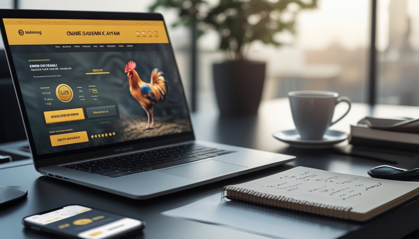Seorang pria duduk di depan laptop dan smartphone di meja kerja yang rapi dengan suasana tenang, menyiapkan diri memilih platform sabung ayam secara aman.