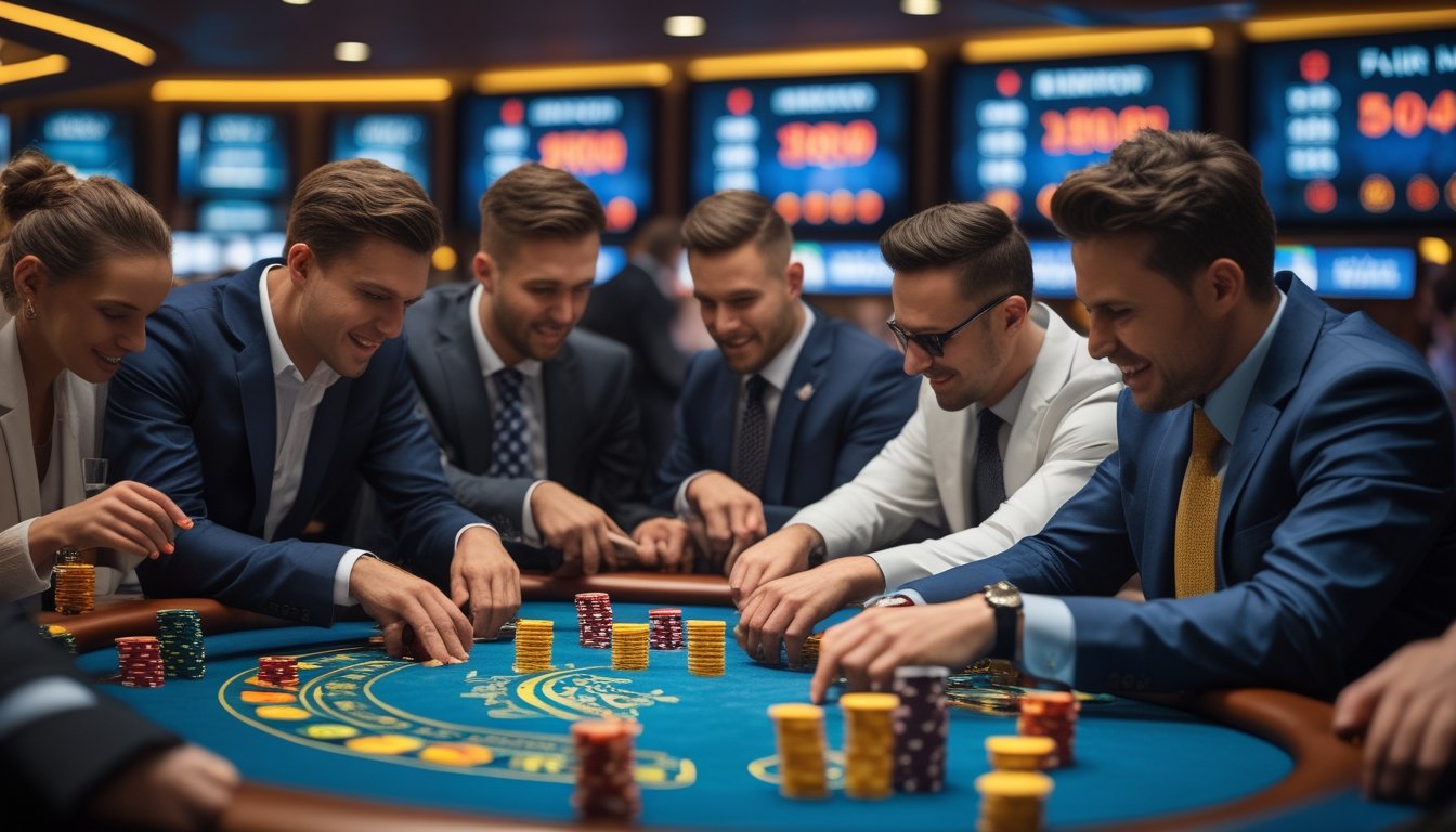Sejumlah pemain sedang bermain di meja kasino dengan suasana yang hidup dan penuh semangat, menampilkan tumpukan chip dan kartu di meja.