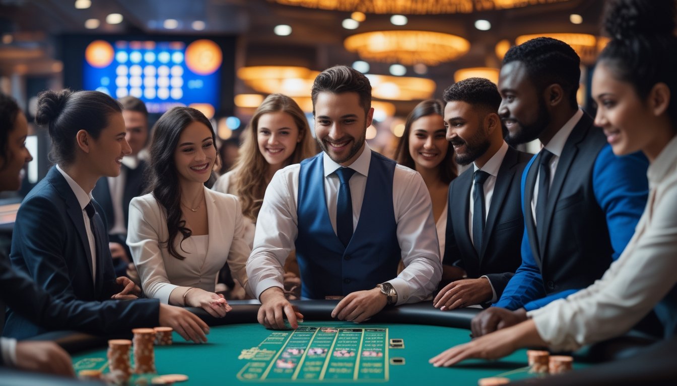 Sejumlah pemain dan dealer di meja kasino live yang sibuk dengan suasana cerah dan profesional, menampilkan permainan kartu dan chip kasino.