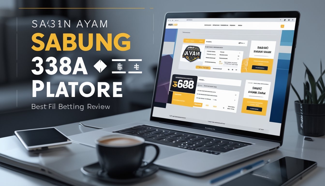 Layar komputer menampilkan platform ulasan online dengan fitur taruhan Sabung Ayam 338A dan S128, di meja kerja minimalis dengan laptop, ponsel, dan cangkir kopi.