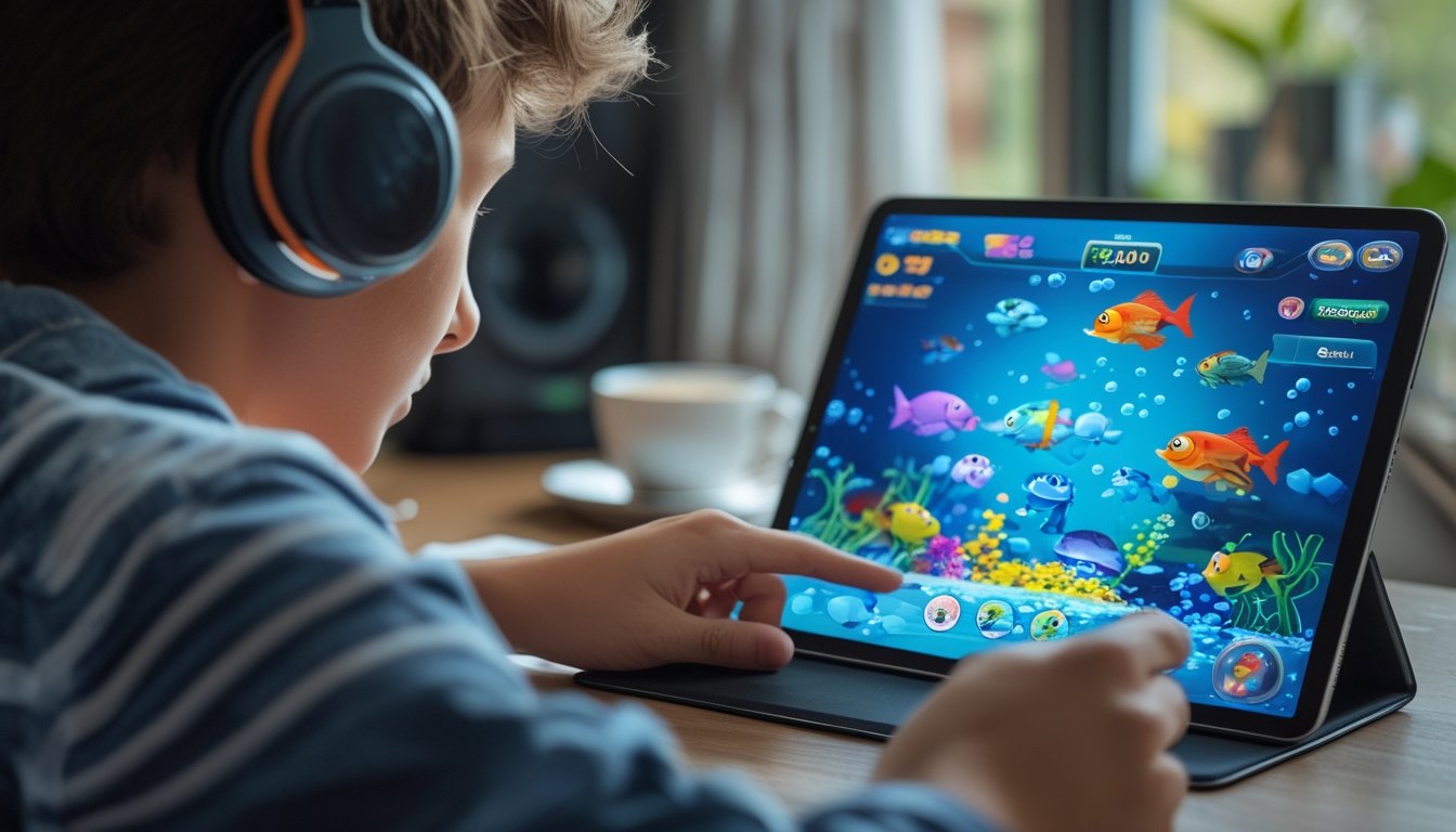 Seorang pemula sedang bermain game tembak ikan online menggunakan tablet di meja dengan latar ruangan yang terang.