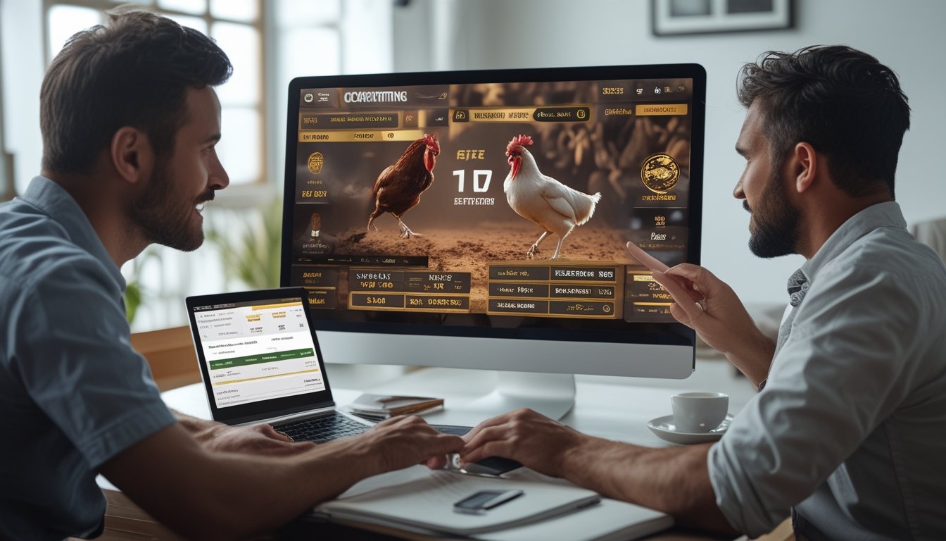 Dua pria sedang menonton pertandingan sabung ayam melalui platform digital di dalam ruangan yang nyaman.