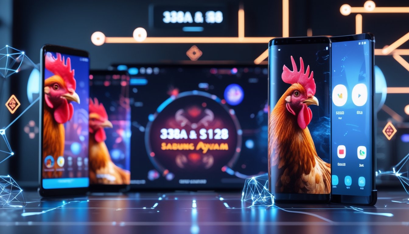 Ponsel modern menampilkan antarmuka aplikasi dengan gambar ayam jago, menggambarkan platform permainan online dengan akses seluler Android dan iOS.