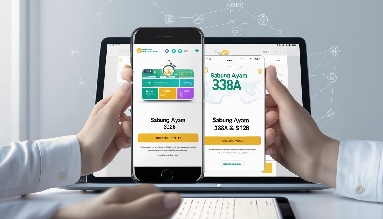 Beberapa perangkat digital seperti smartphone dan tablet yang menampilkan aplikasi platform Sabung Ayam, dipegang oleh tangan orang berbeda, dengan latar belakang teknologi yang minimalis.