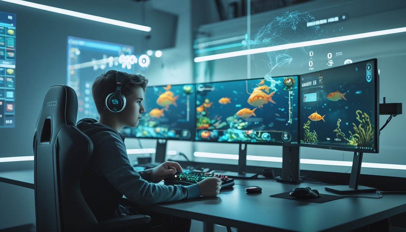 Seorang gamer muda sedang bermain game tembak ikan online di depan beberapa monitor dengan latar bawah laut penuh ikan berwarna-warni.