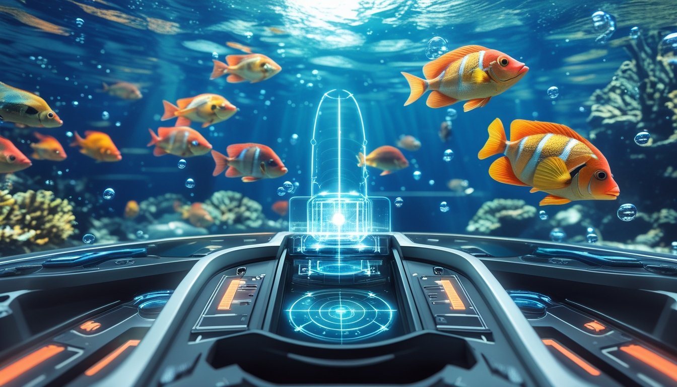 Pemandangan bawah laut dengan ikan tropis berwarna-warni dan antarmuka permainan digital yang futuristik di latar depan.