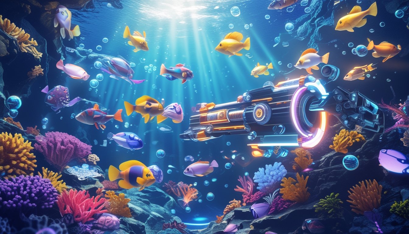 Adegan bawah laut dengan berbagai ikan berwarna-warni dan efek cahaya yang menunjukkan permainan tembak ikan online yang seru dan menantang.