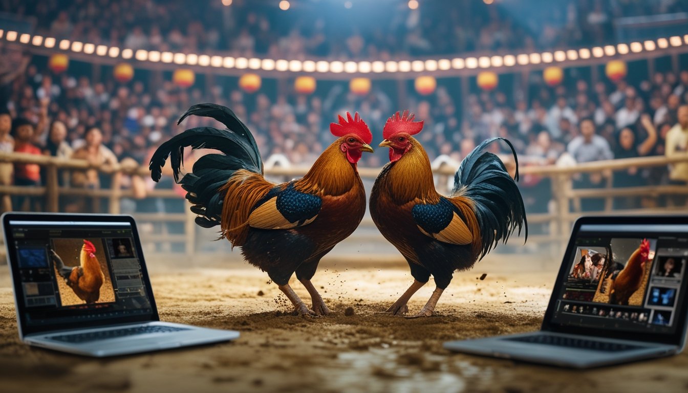 Dua ayam jago sedang bertarung di arena sabung ayam dengan beberapa perangkat digital menampilkan siaran langsung di latar belakang.