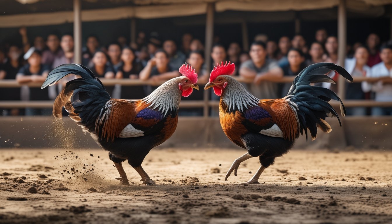 Dua ayam jago sedang bertarung di arena sabung ayam dengan penonton yang antusias mengelilingi mereka.