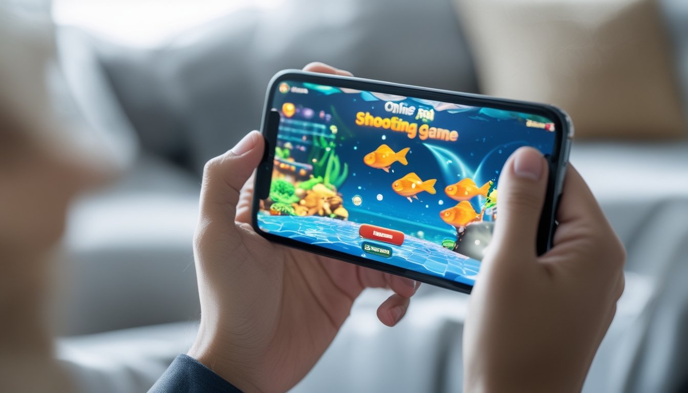 Seseorang memegang smartphone yang menampilkan permainan tembak ikan online dengan latar belakang ruangan yang nyaman.