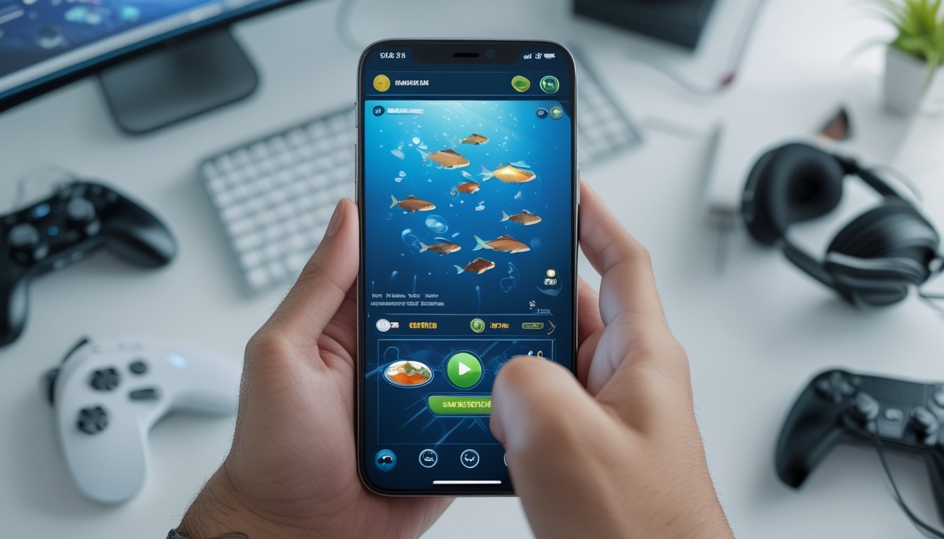 Seseorang memegang ponsel Android dan iOS yang menampilkan permainan tembak ikan online di meja yang terang.