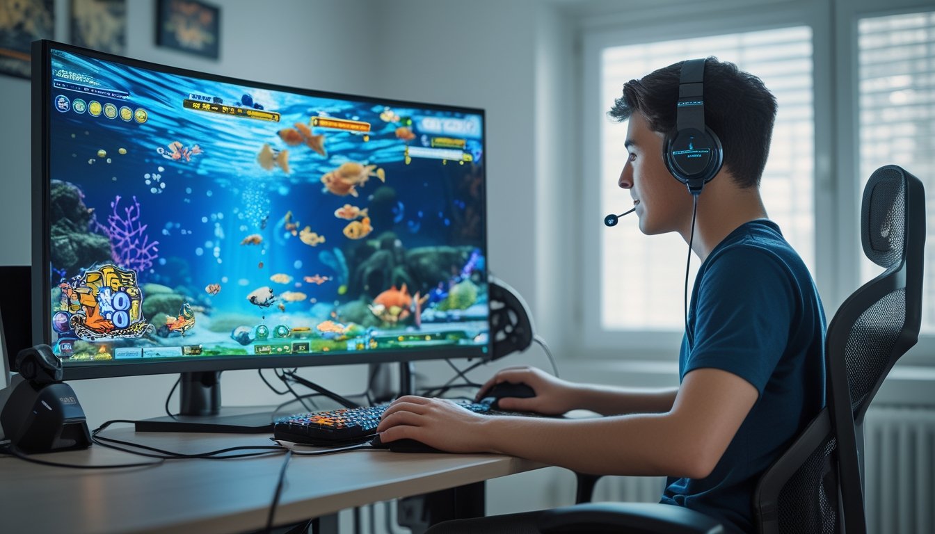 Seorang dewasa muda sedang fokus bermain game tembak ikan online di depan komputer dengan latar ruangan yang rapi dan terang.