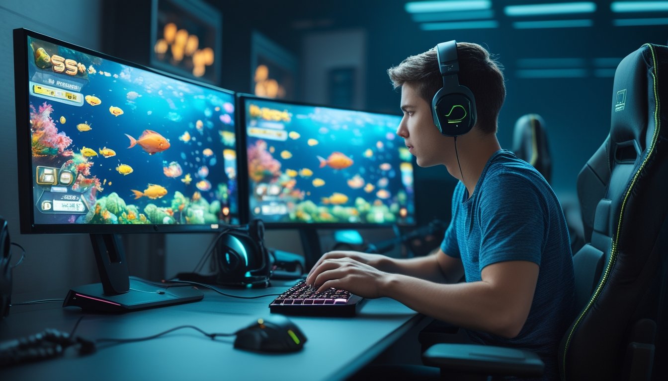 Seorang pria muda fokus bermain game tembak ikan online di komputer dengan latar ruangan gaming modern dan layar menampilkan ikan berwarna-warni.