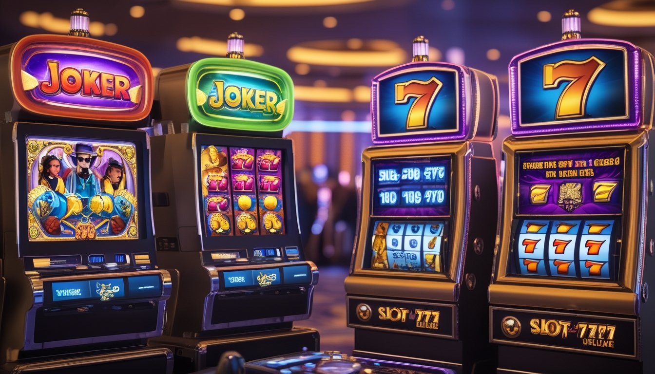 Dua mesin slot berdampingan di kasino, satu bergambar joker warna-warni dan satu lagi dengan simbol tiga tujuh berwarna emas.