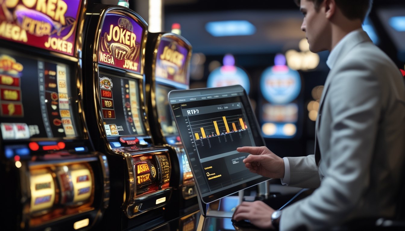 Seorang profesional sedang menganalisis data di depan dua mesin slot online bertema Mega Joker dan 777 Deluxe di lingkungan kasino modern.