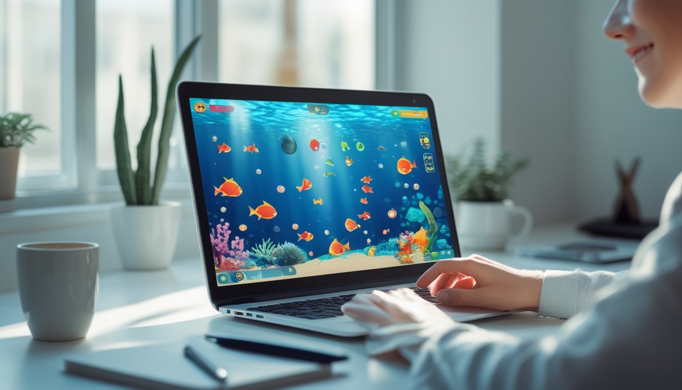 Seseorang sedang bermain game ikan tembak online di laptop di meja kerja yang rapi dan terang.