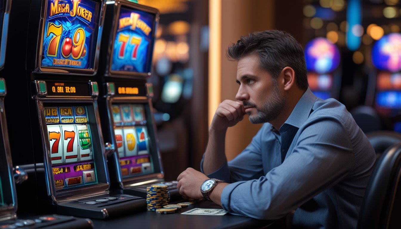 Seorang pria dewasa sedang duduk di depan mesin slot Mega Joker dan Slot 777 Deluxe dengan tumpukan chip kecil di meja.