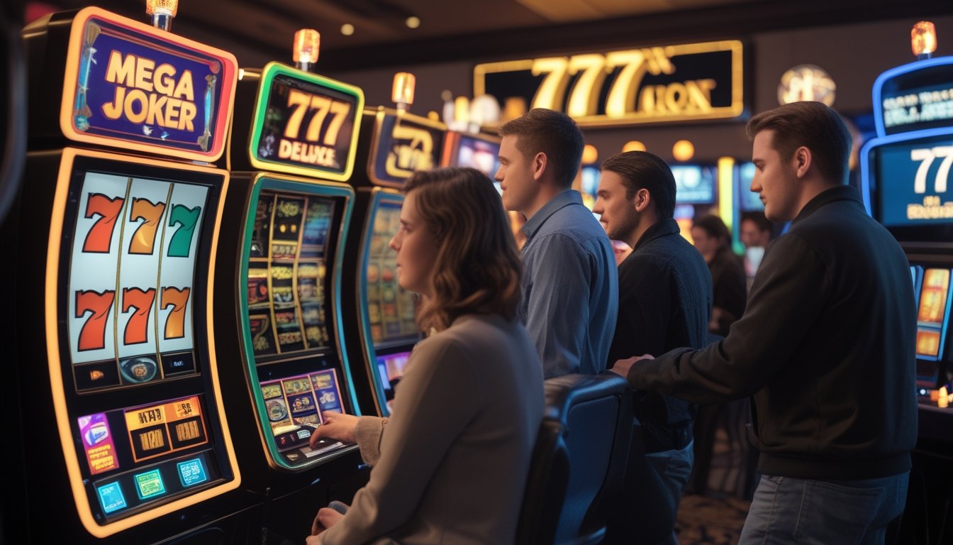 Beberapa orang sedang bermain mesin slot di kasino dengan fokus pada dua mesin slot yang berbeda, satu bergaya klasik dan satu lagi modern, menunjukkan suasana permainan yang serius dan strategis.