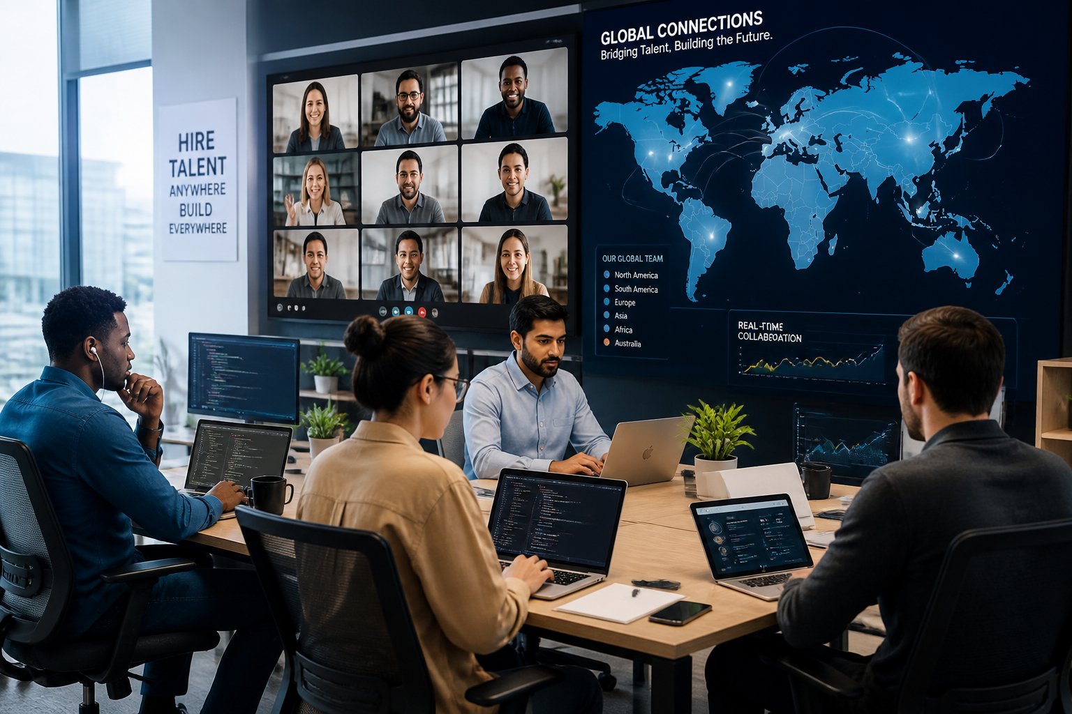 Mehrere internationale IT-Fachkräfte arbeiten gemeinsam in einem modernen Büro mit Laptops und Videokonferenzen.