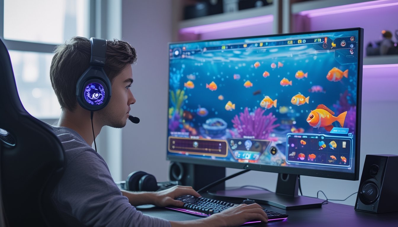 Seorang pria muda sedang bermain permainan tembak ikan online di depan komputer dengan ekspresi fokus di sebuah ruangan yang terang.