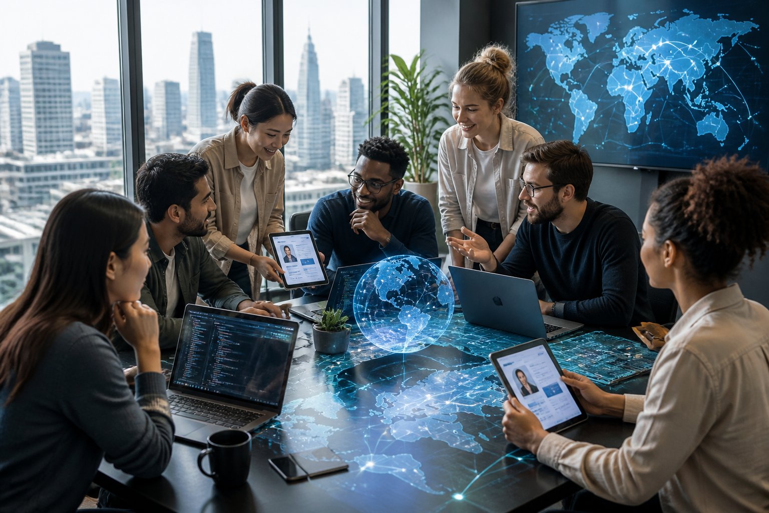 Eine Gruppe von IT-Fachkräften arbeitet gemeinsam an Laptops in einem hellen Büro mit Blick auf eine Stadt und einem digitalen Globus im Hintergrund.