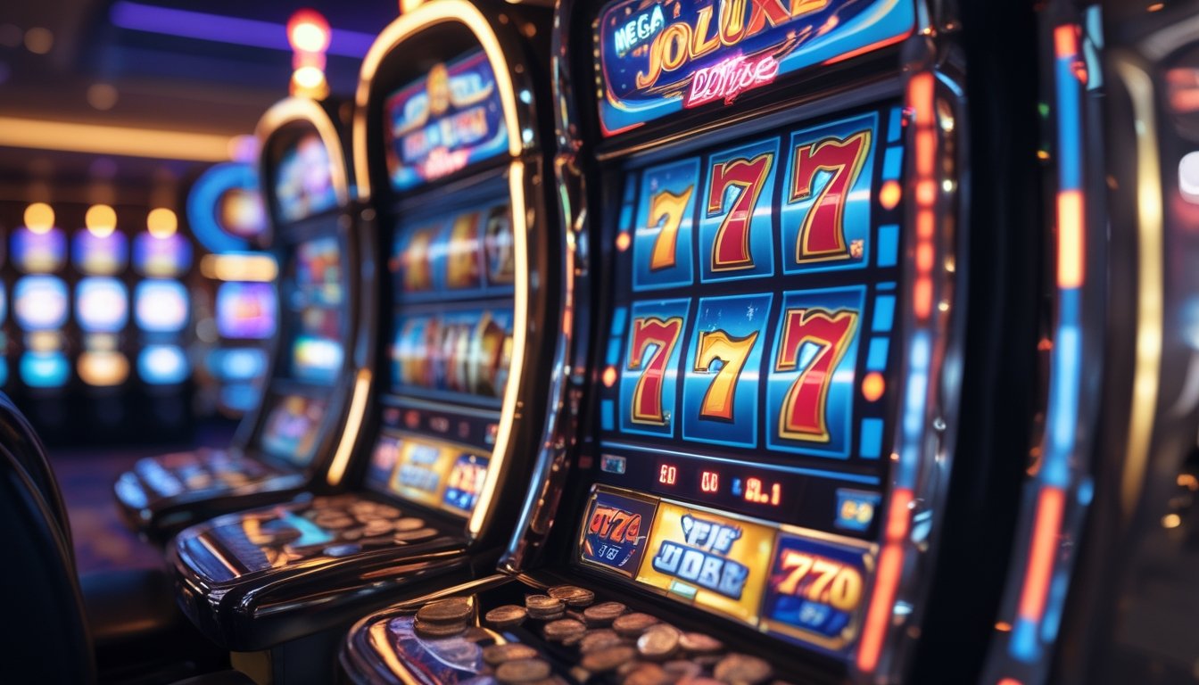 Dua mesin slot berwarna cerah dengan simbol klasik dan efek cahaya di dalam kasino yang ramai.