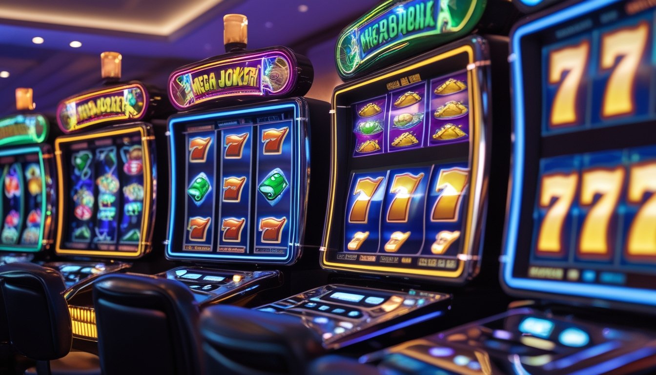 Dua mesin slot modern berdampingan menampilkan fitur bonus yang aktif dengan simbol joker, angka tujuh, dan buah-buahan di latar kasino.