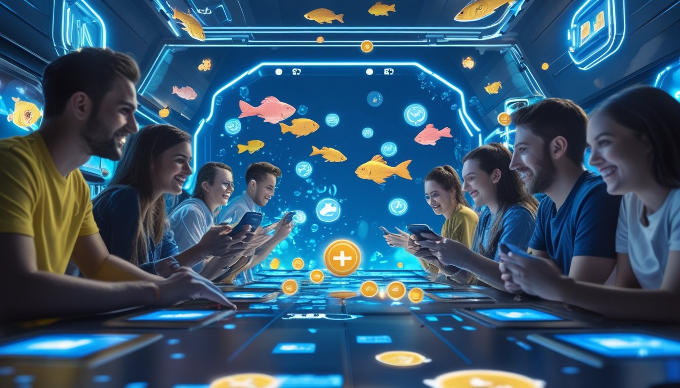 Beberapa orang muda sedang bermain game ikan online dengan latar belakang bawah laut berwarna biru dan ikan warna-warni yang bergerak di layar.