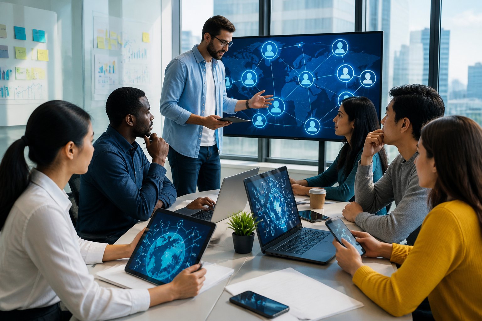 Eine Gruppe internationaler IT-Fachkräfte arbeitet gemeinsam in einem modernen Büro mit digitalen Geräten und Blick auf eine Stadt.