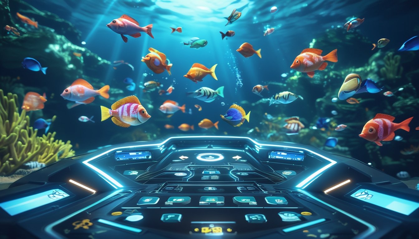 Layar permainan tembak ikan online dengan latar bawah laut penuh ikan berwarna-warni dan terumbu karang.