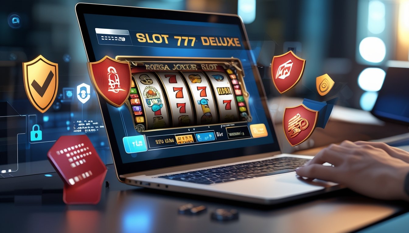 Seorang profesional menggunakan laptop yang menampilkan ikon permainan slot, dengan simbol keamanan seperti gembok dan perisai di sekitar meja kerja.