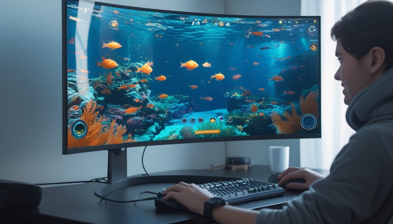 Seseorang sedang bermain game menembak ikan online di komputer dengan layar menampilkan grafik ikan berwarna-warni di bawah laut.