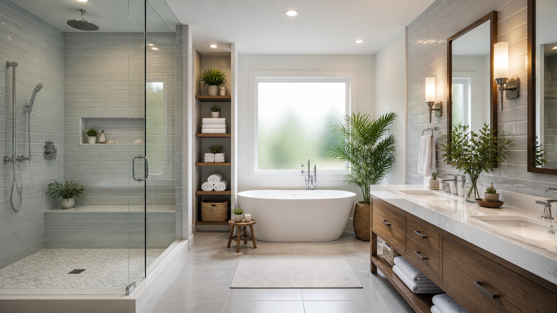 A spacious modern bathroom with a walk-in glass shower, freestanding bathtub, double vanity, and natural light coming through a window.