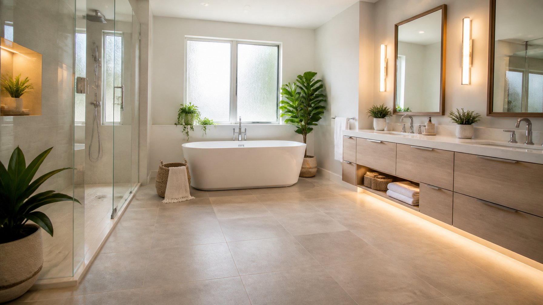 A spacious master bathroom with heated tile floors, a freestanding bathtub, double vanity, and natural light coming through a window.