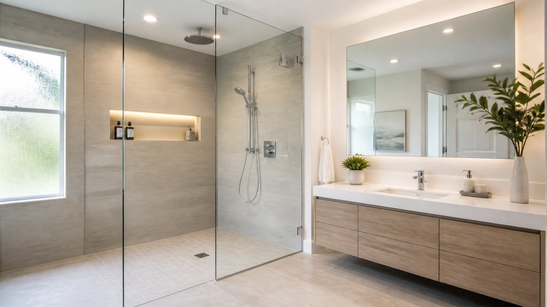 A bright bathroom with a walk-in curbless shower enclosed by frameless glass panels and modern fixtures.