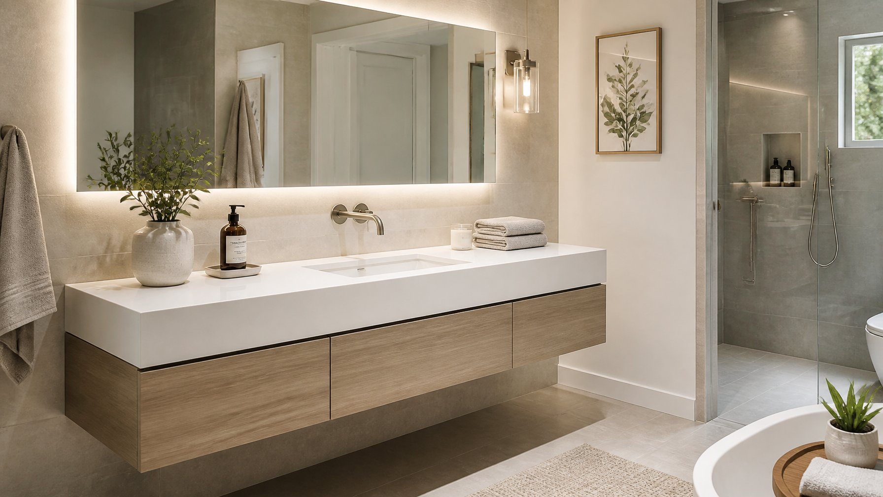 A modern bathroom with a wall-mounted floating vanity featuring an integrated sink, a large mirror, and bathroom accessories.