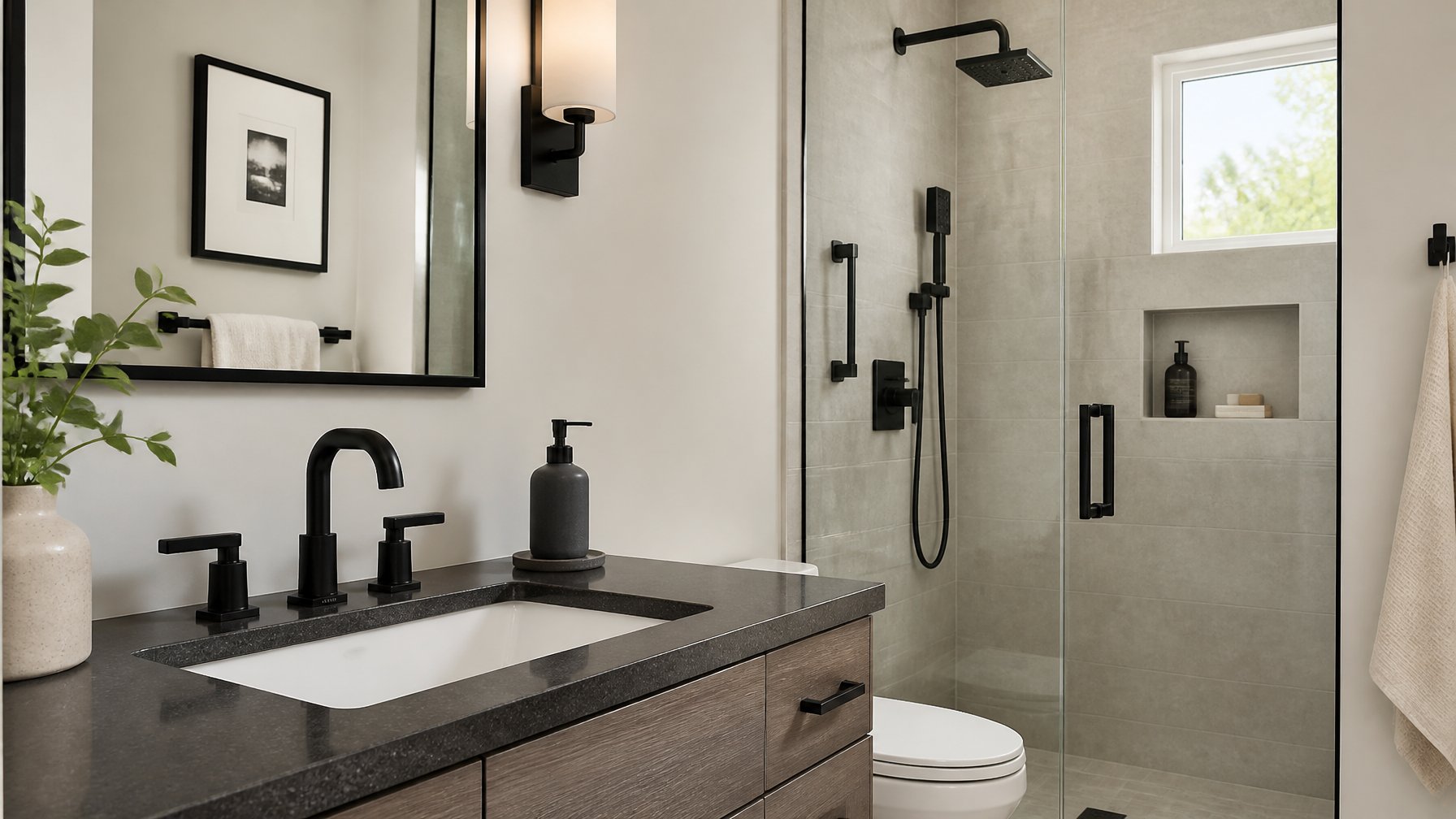 Modern bathroom sink with matte black faucet and matching plumbing fixtures in a clean, contemporary bathroom.