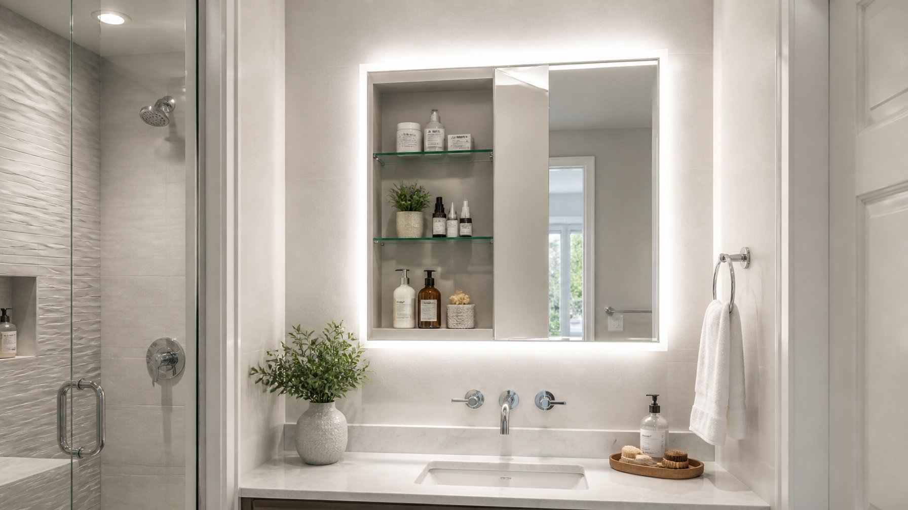 A modern bathroom with a recessed medicine cabinet featuring an LED mirror, a sink with chrome fixtures, and neutral-toned decor.