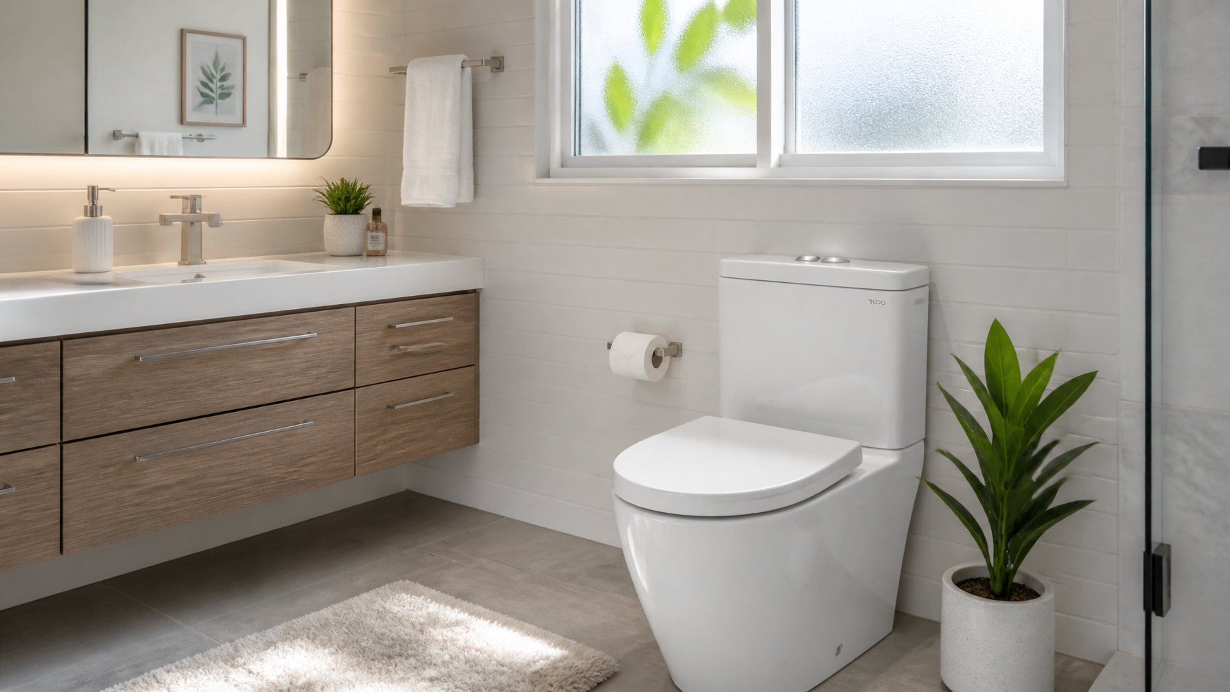 A modern bathroom with a high-efficiency dual-flush toilet, bright white tiles, a vanity with mirror, and natural light coming through a window.