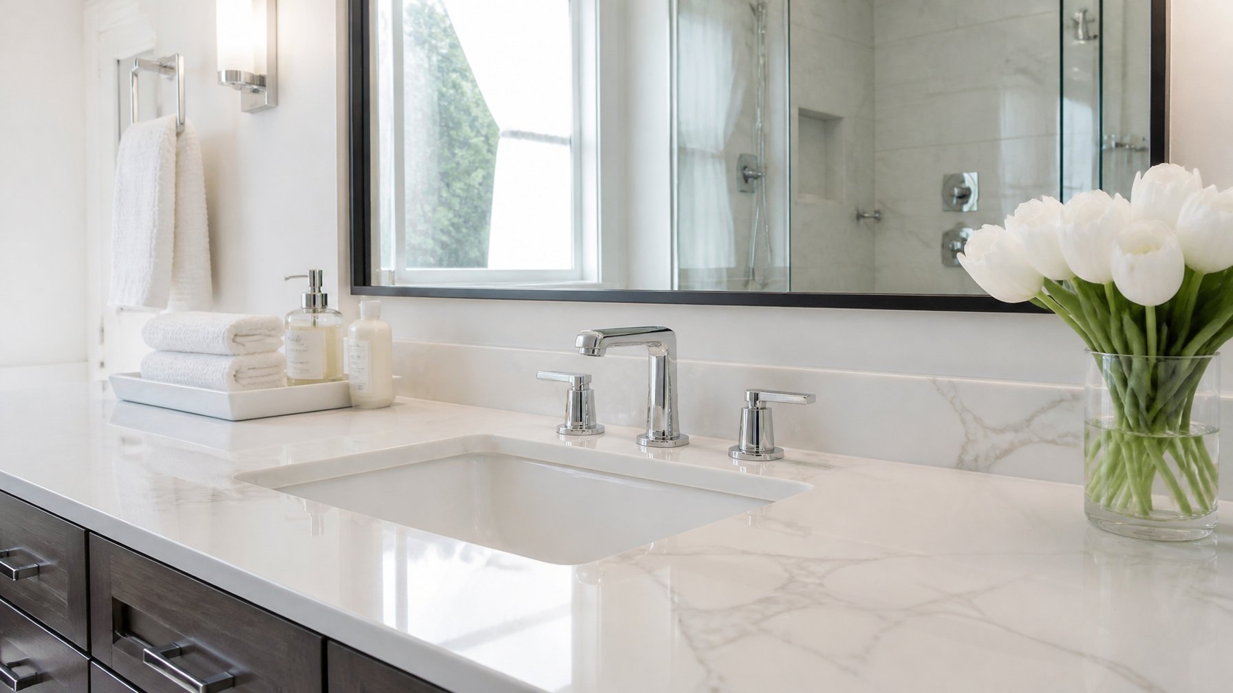A modern bathroom with a white quartz countertop, chrome faucet, and a large mirror reflecting a clean and bright space.