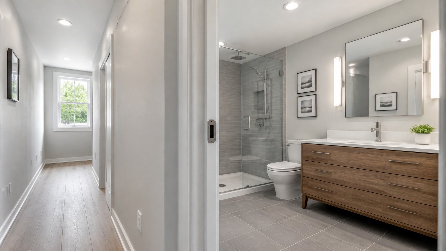 A modern bathroom with a sliding pocket door open into a narrow hallway, showing a bright and spacious interior with a walk-in shower and vanity.