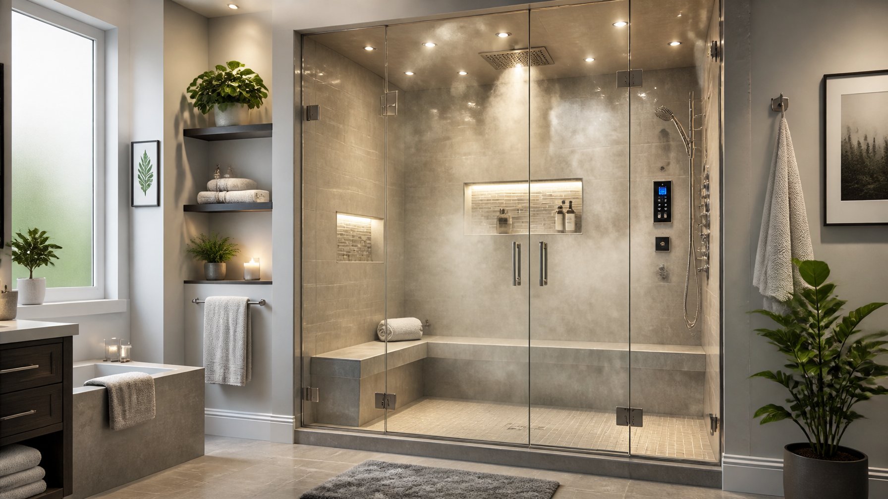 A modern bathroom with a glass steam shower emitting soft steam, featuring chrome fixtures and neutral-colored tiles.