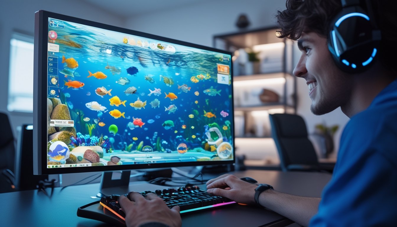 Seseorang sedang bermain game tembak ikan online di komputer dengan tampilan grafis ikan berwarna-warni di layar.