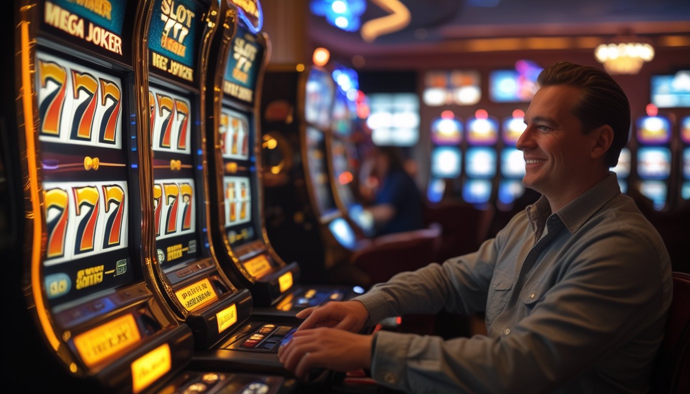 Seorang pemain sedang bermain mesin slot Mega Joker dan Slot 777 Deluxe di dalam kasino yang terang dan ramai.